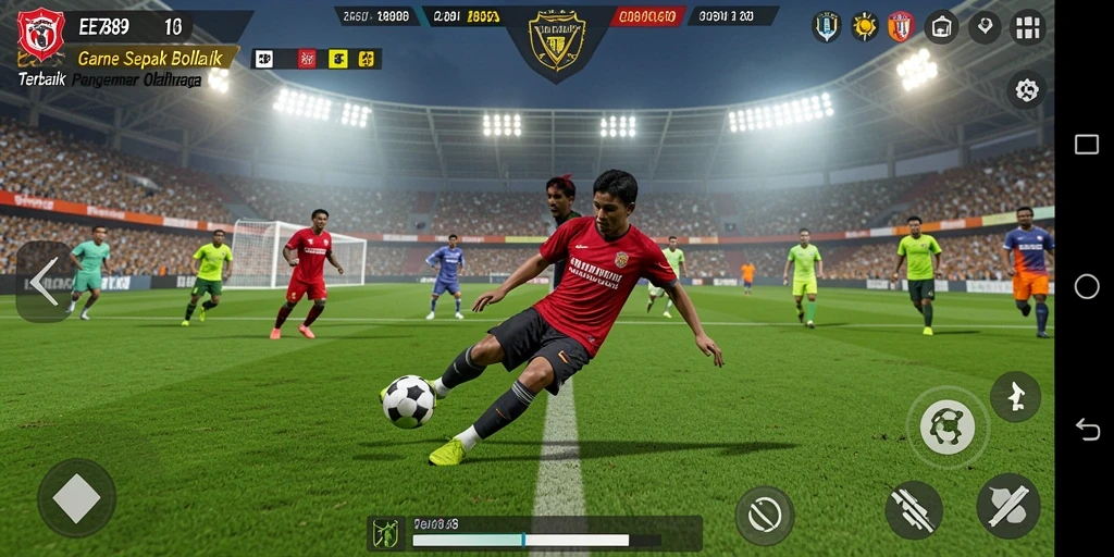 Tangkapan layar gameplay menunjukkan aksi seru di lapangan sepak bola.