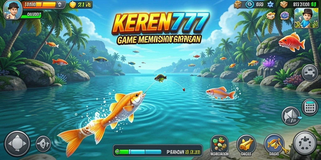 Tampilan gameplay KEREN777 dengan berbagai alat pancing dan ikan yang beraneka ragam.