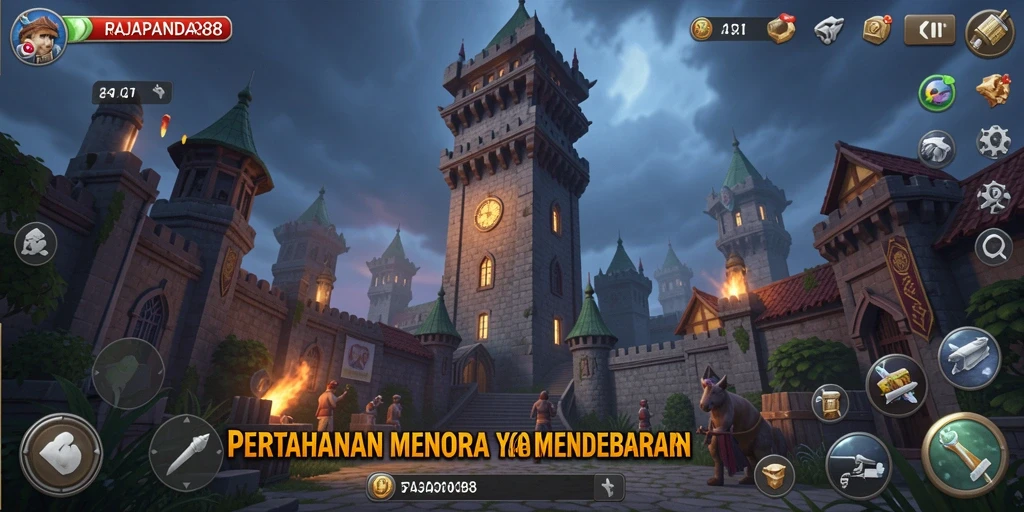 Tangkapan layar gameplay RAJAPANDA88 menampilkan pertarungan menara epik.